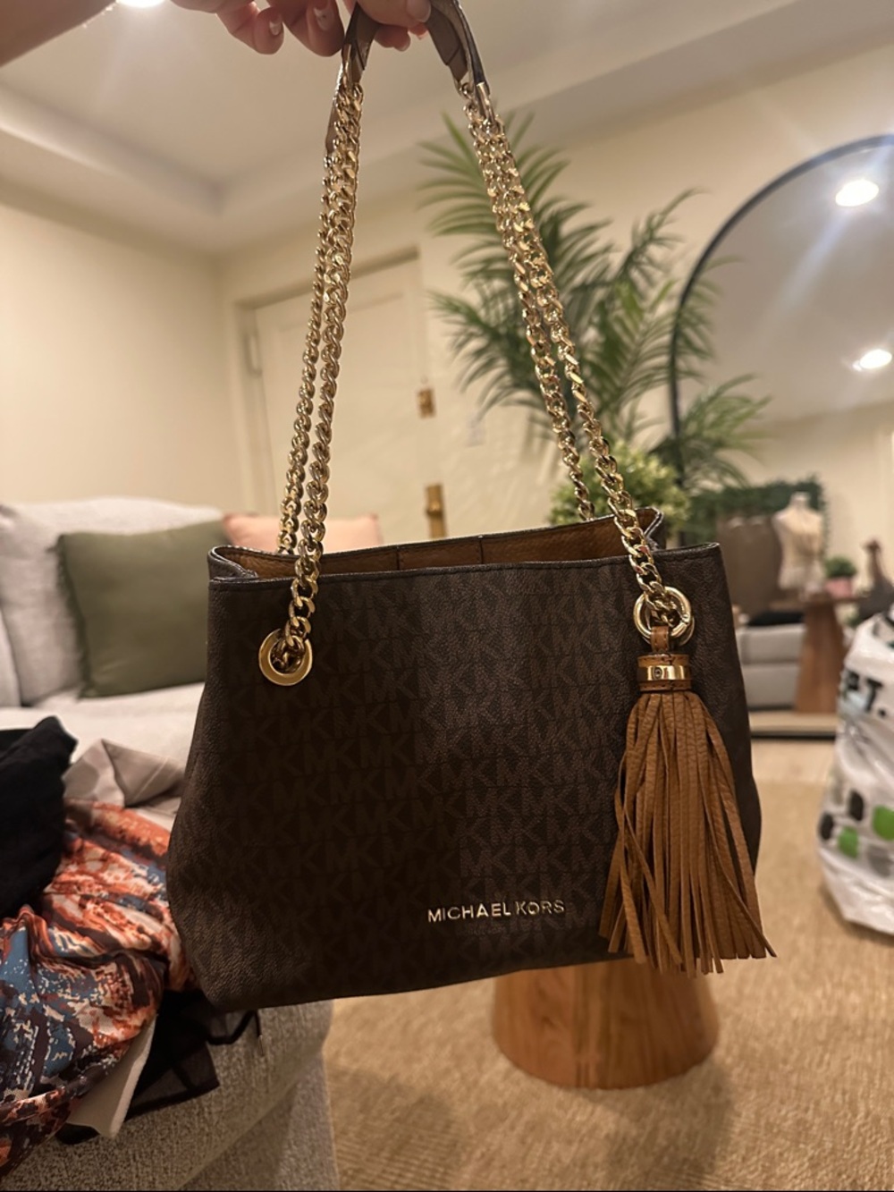 Michael Kors Shoulder Tote with Gold Chain Handles and Tassel